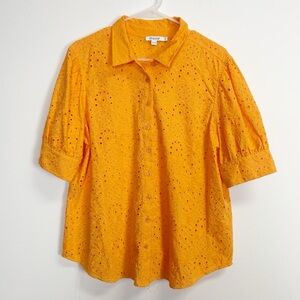 Chicos Shirt Womens 2.5 US 14 Orange Eyelet Embroidered Button Up Cotton Top